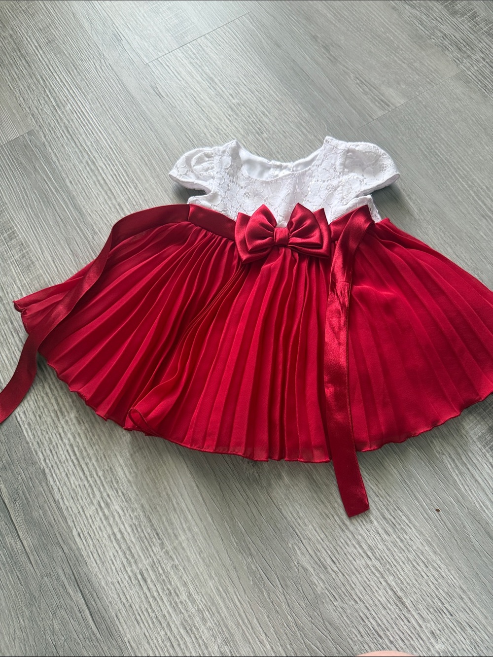 White Lace & Red Pleated Bow Baby Dress